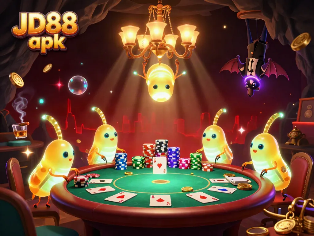 Experience the excitement of JD88 apk with this vibrant 3D casino scene depicting a team of glowworms lighting up a lively poker table.