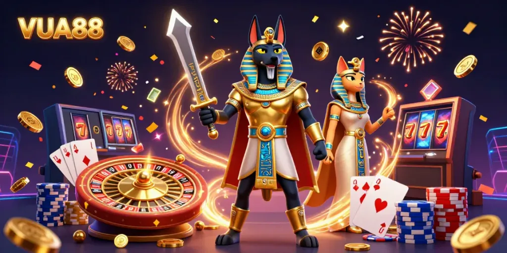Experience lottery excitement with VUA88 featuring Anubis and Bastet amidst gems and coins.