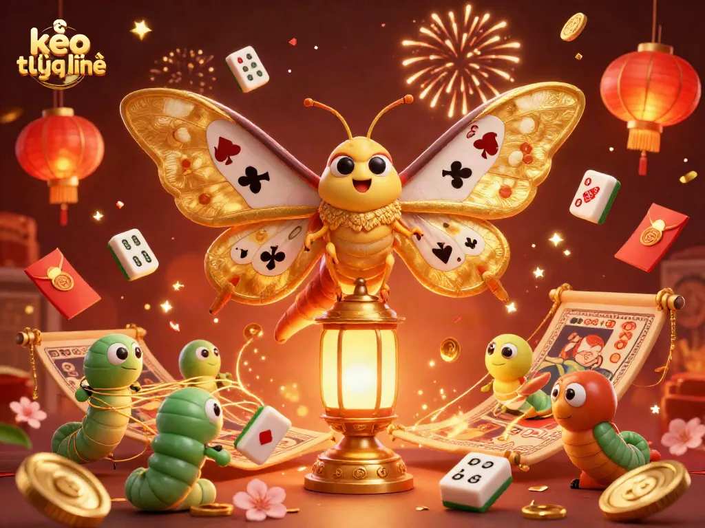Experience kèo trực tuyến with the vibrant scene showcasing an atlas moth above golden lanterns and festive elements.