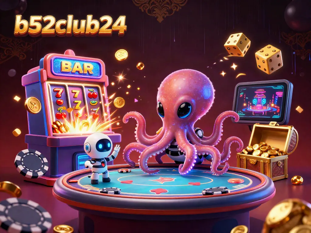 Play like a pro at b52club24 with an alien octopus and a robot, featuring epic casino action.