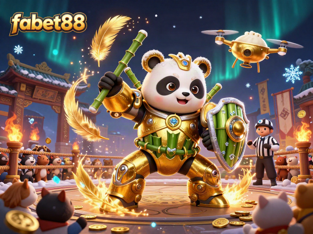 Engage in action-packed gaming at fabet88 featuring a golden panda mech-suit in a vibrant casino arena.