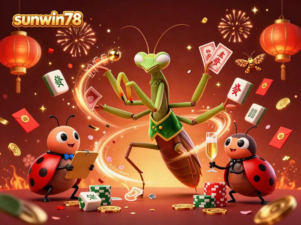 Experience the dynamic atmosphere of sunwin78 with a vibrant illustration of a giant praying mantis card sharp and ladybug pit boss in a bustling casino scene.