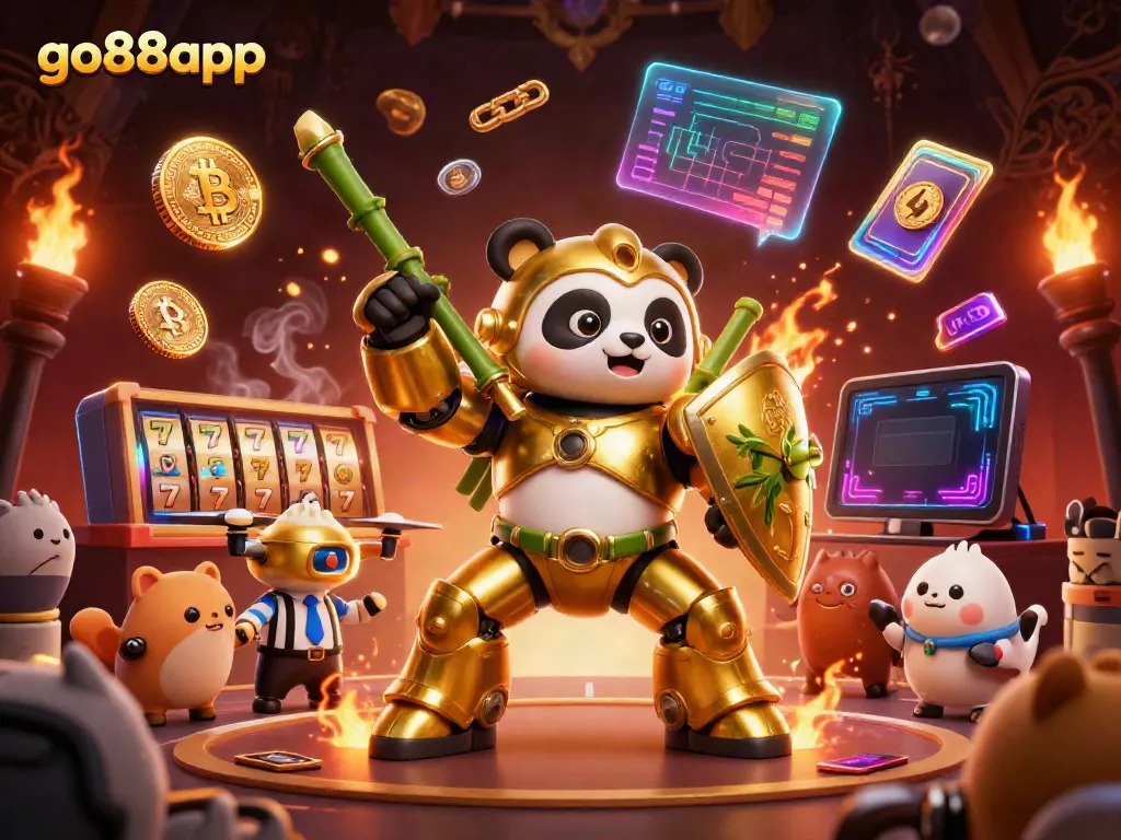 Engage with go88app's vibrant casino scene featuring a mech-suit panda amidst dynamic slot reels and crypto elements.