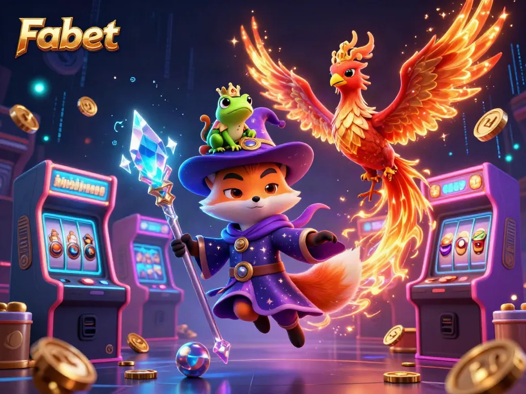 Engage in gaming fun with Fabet, featuring a mystical wizard fox and arcade elements in vibrant 3D.
