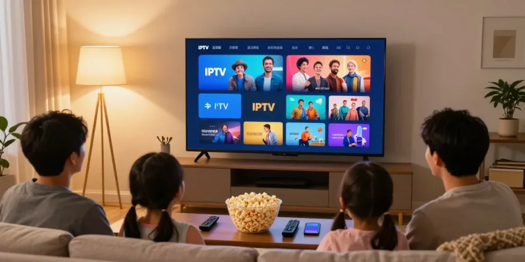 Famille utilisant l'application atlas pro sur leur Smart TV dans un cadre convivial de cinéma maison, ambiance chaleureuse.