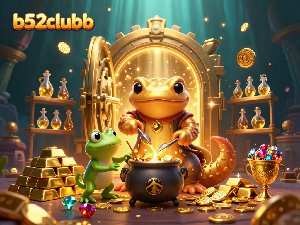 Join the b52clubb alchemist as he magically converts base metals into glimmering gold coins in this enchanting casino scene.