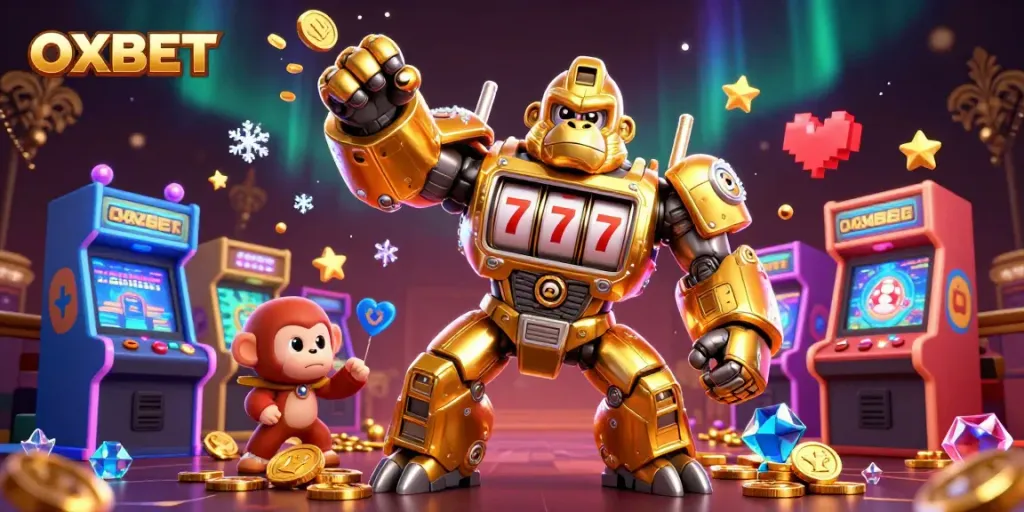 Experience vibrant gaming action at OXBET with a golden gorilla mech amidst dynamic casino elements.