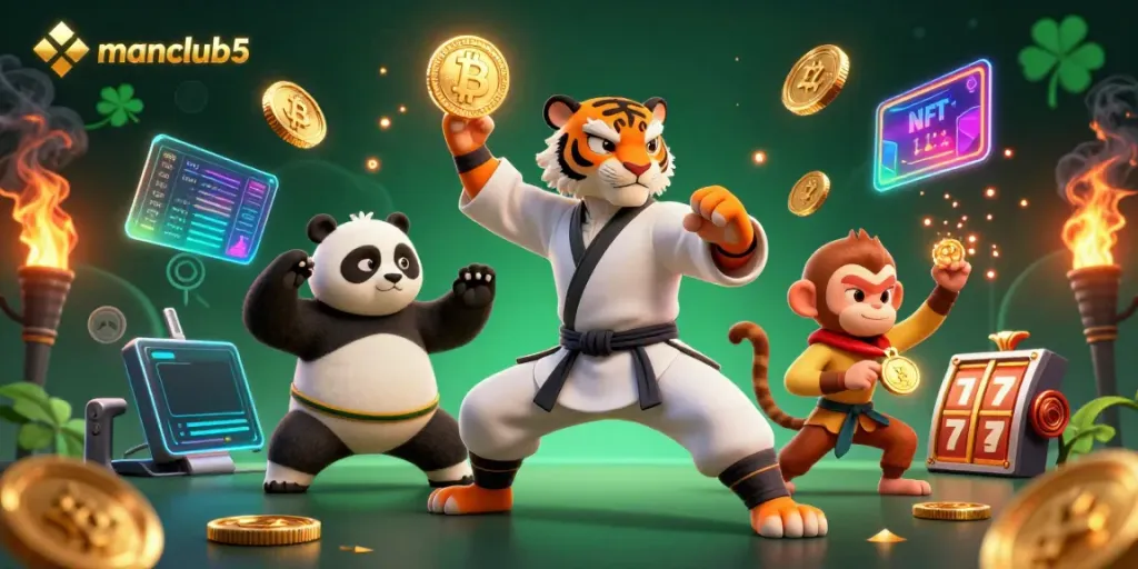 Witness the vibrant manclub5 action as playful characters engage with crypto coins and slot machines.