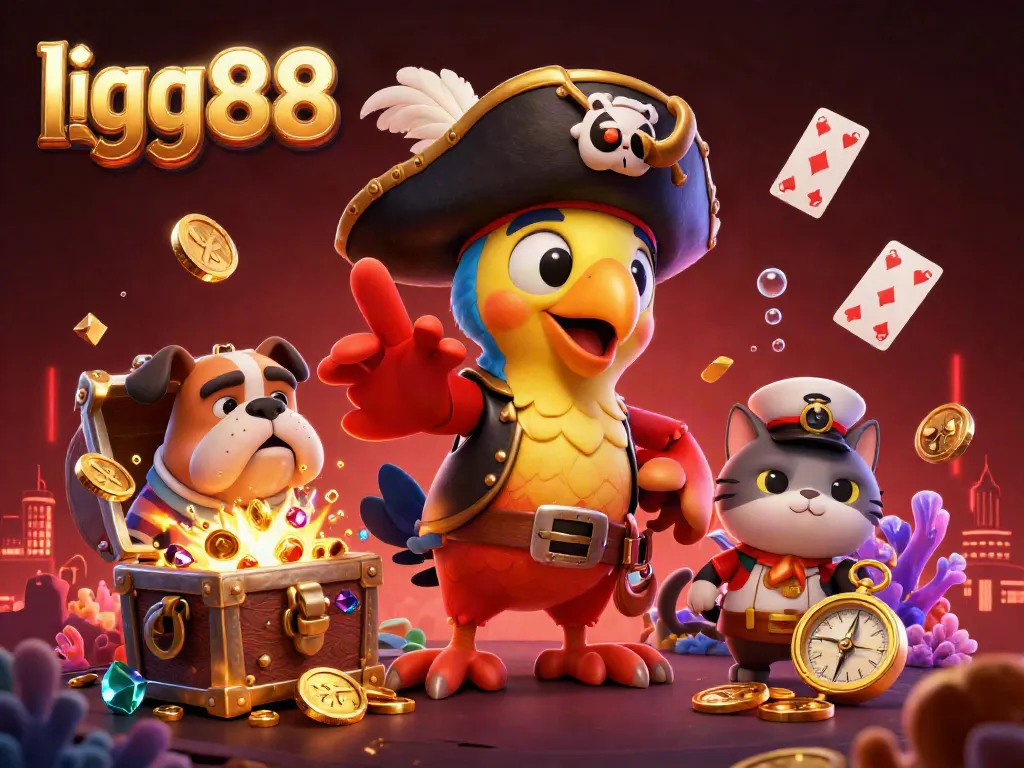 Join the adventure with link gg88 in a vibrant 3D scene filled with gaming elements and treasure chests.