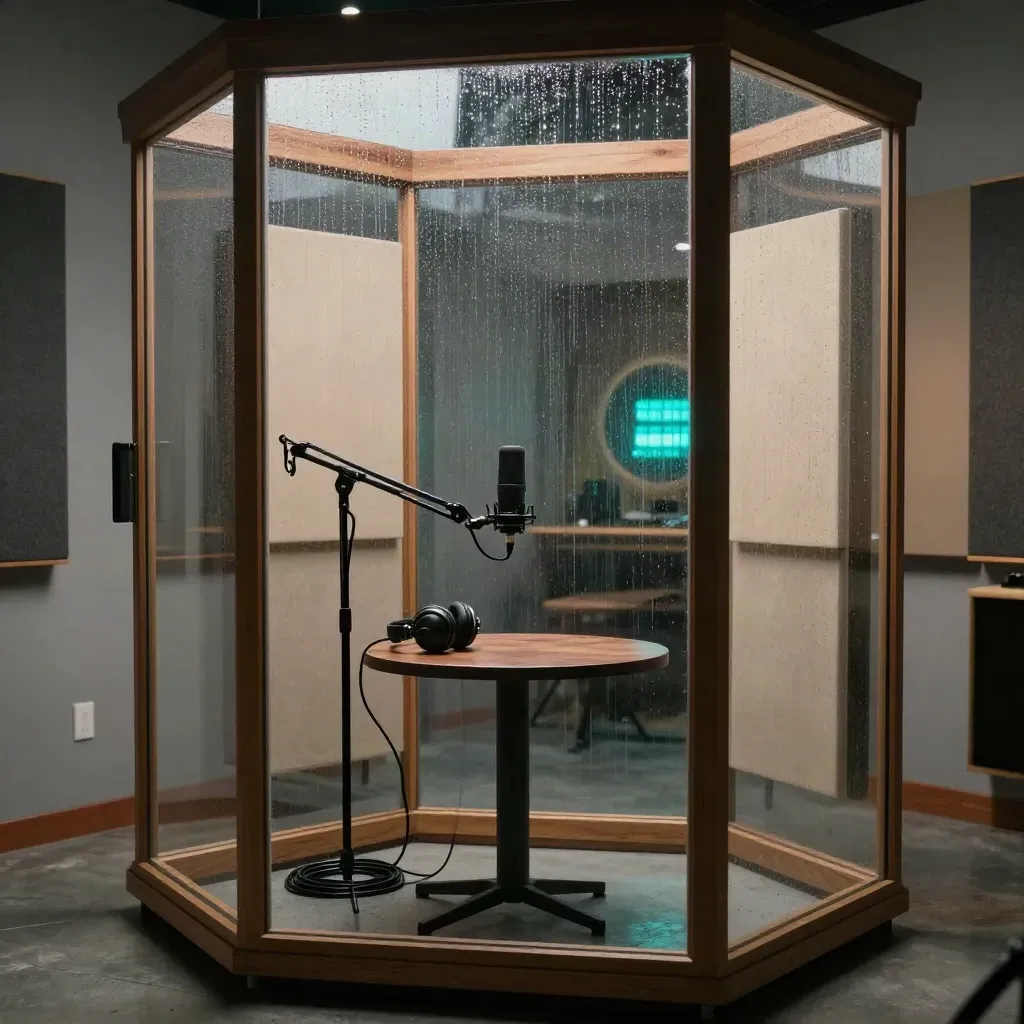 Cabine podcast vitrée sous la pluie, casque et micro, reflets cyan, ambiance intime.