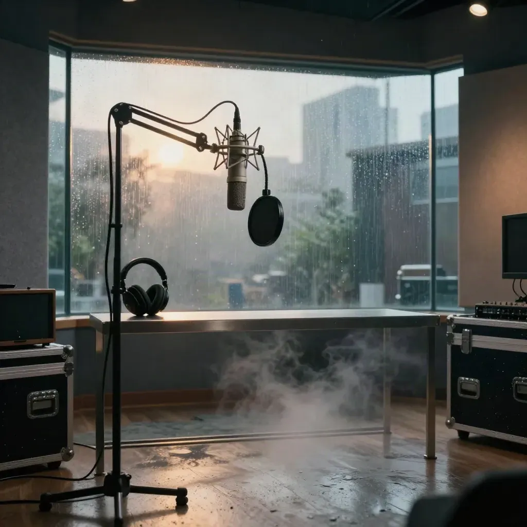 Studio podcast-film vitré sous la pluie, micro suspendu, casque et panneaux acoustiques dans une lumière ciné.