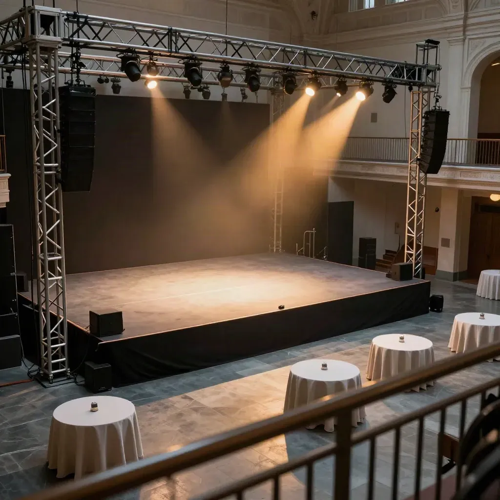 Salle de réception cinématographique avec scène nue, structure lumière et tables floues en préparation.