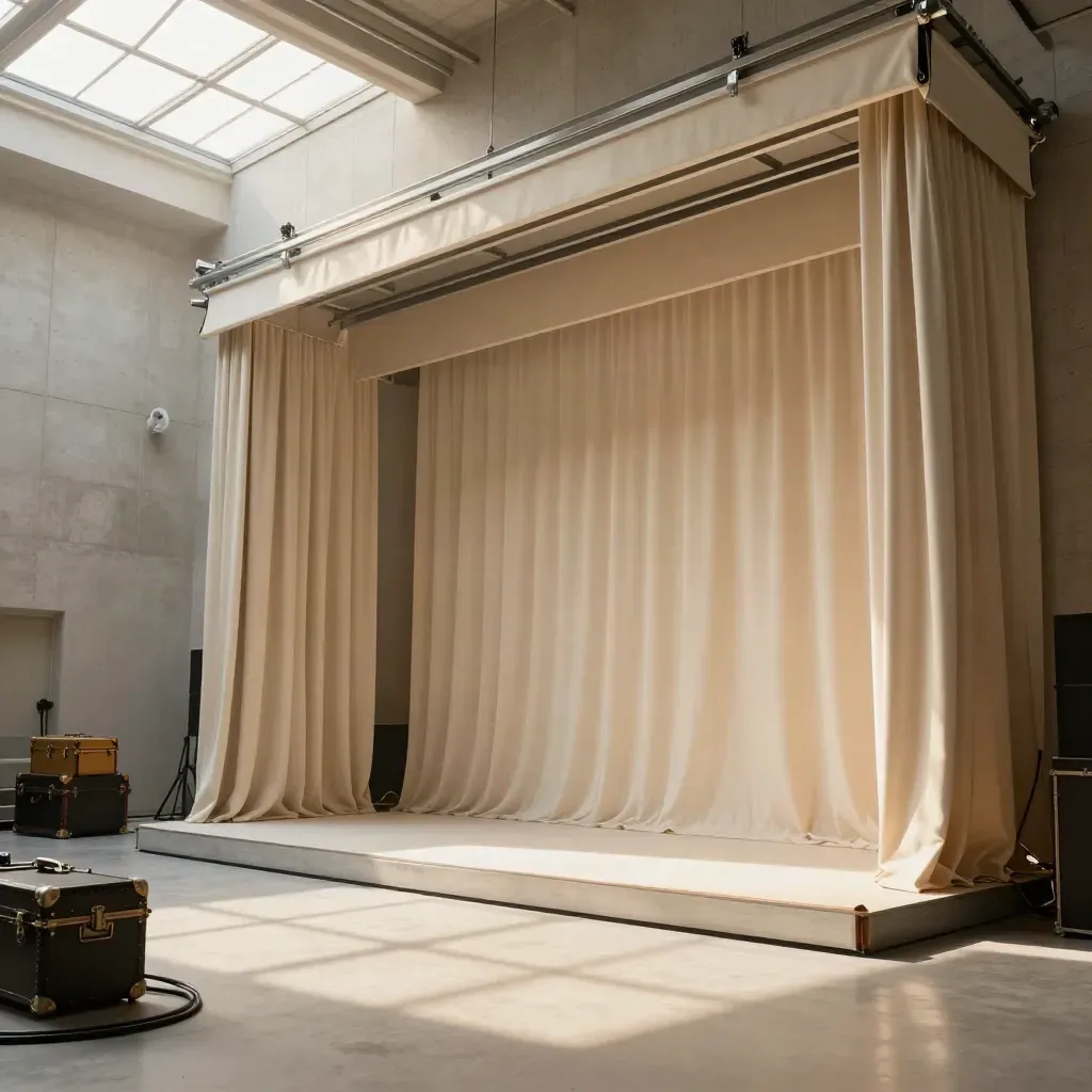 Plateau de tournage sous verrière, lumière du matin et rideaux acoustiques.