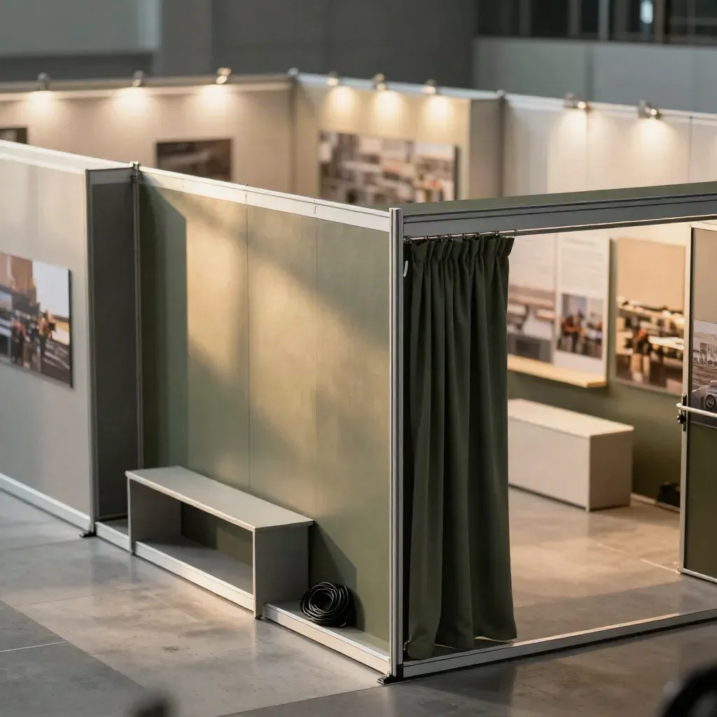 Stand de salon avant ouverture, vue en mezzanine, lumière froide et rideau technique en mouvement.