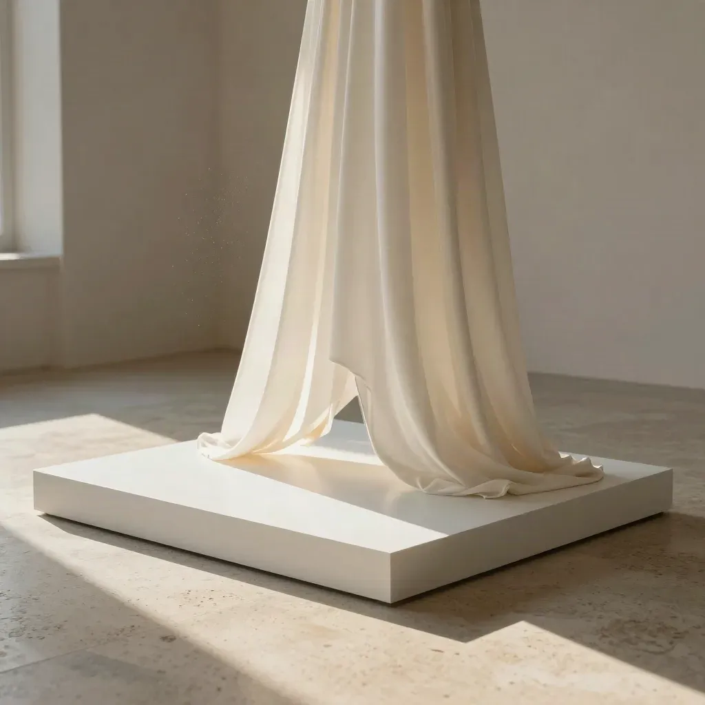 Décor de lancement blanc avec voile gonflé et socle lumineux au lever du soleil.