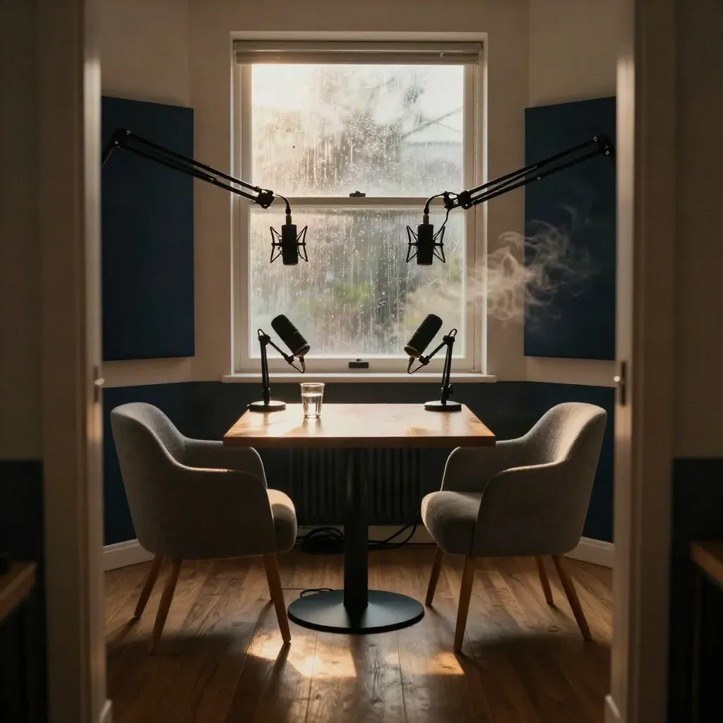 Salle de réunion en cabine podcast RH, micros suspendus, fauteuils vides et pluie sur la baie vitrée.