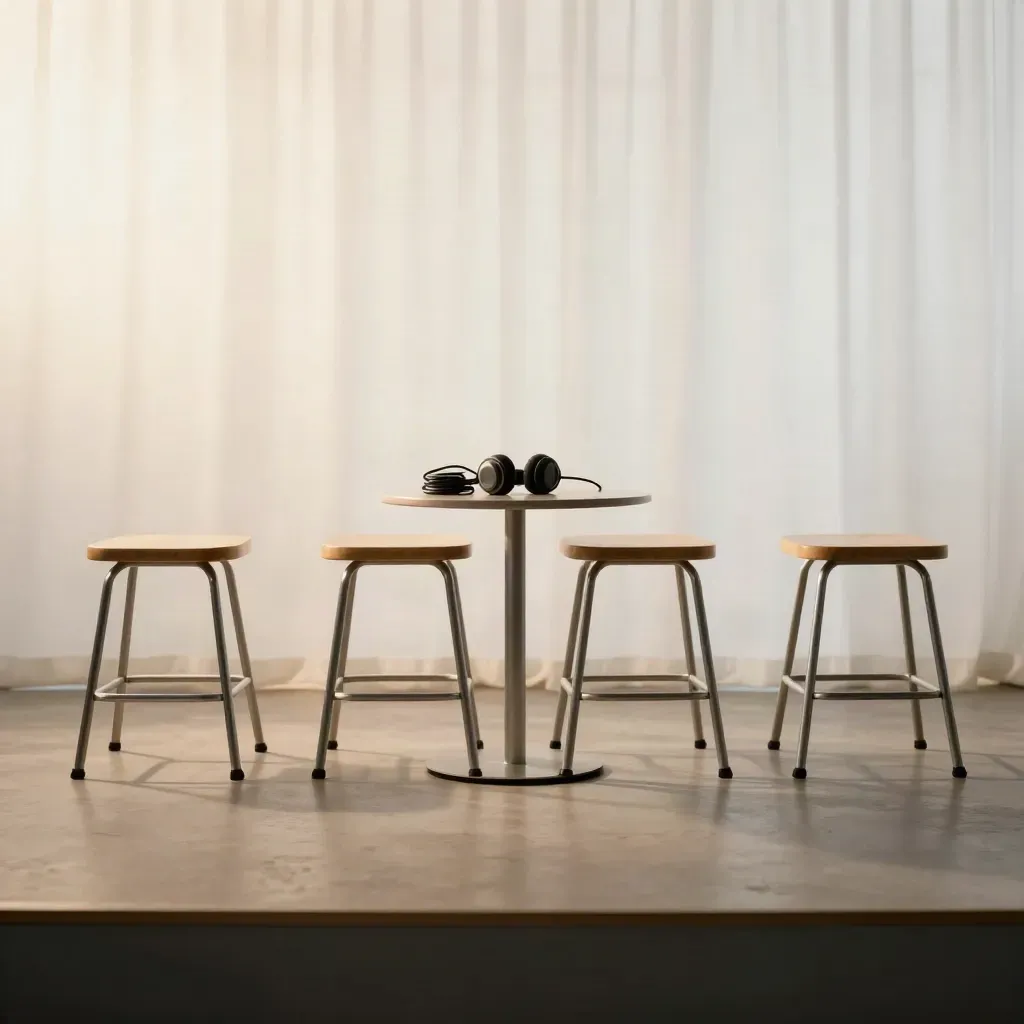 Studio d’interview vide avec quatre tabourets alignés, fond clair et lumière douce.