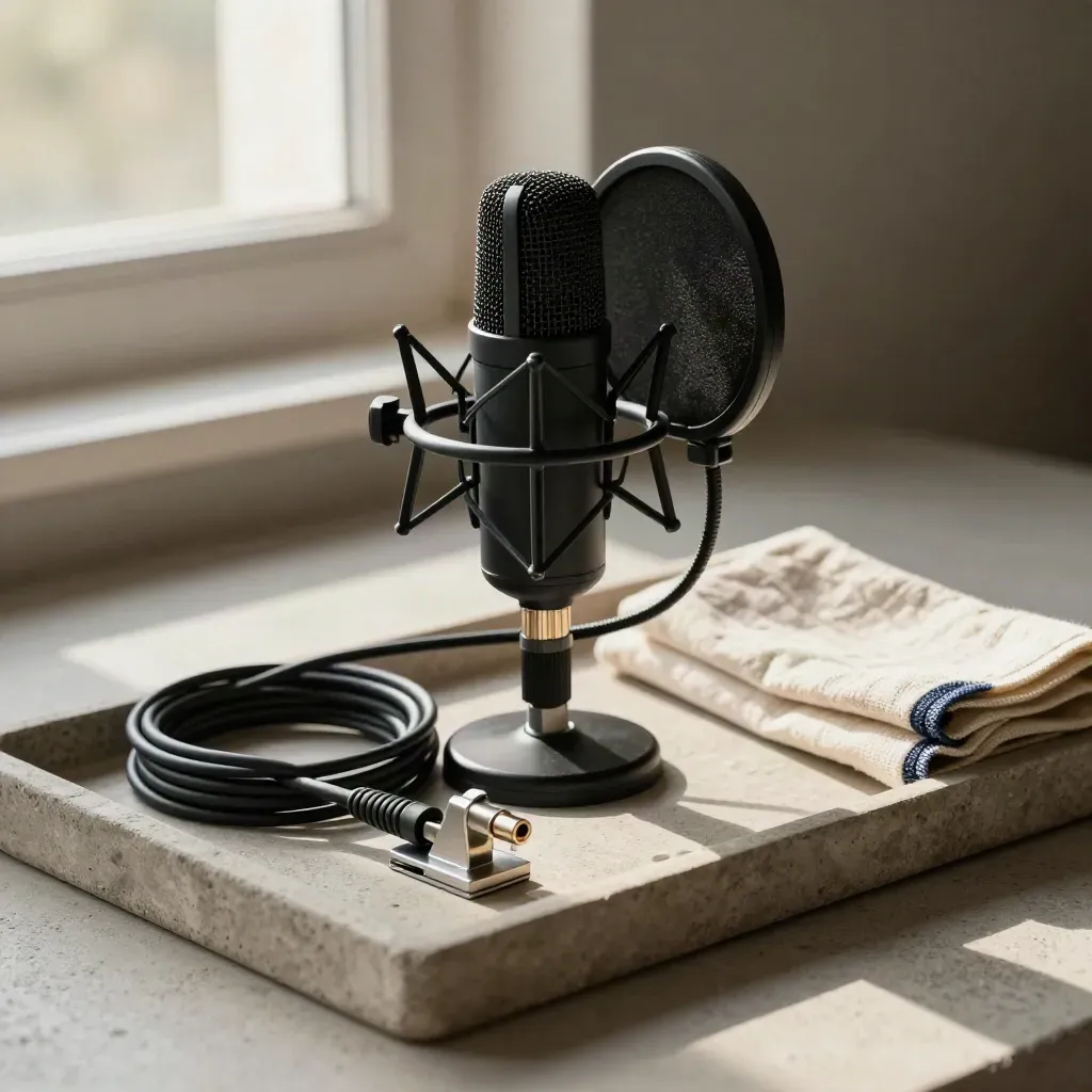 Micro podcast noir mat sur plateau en pierre, câble, pince et linge, lumière douce et ambiance premium.