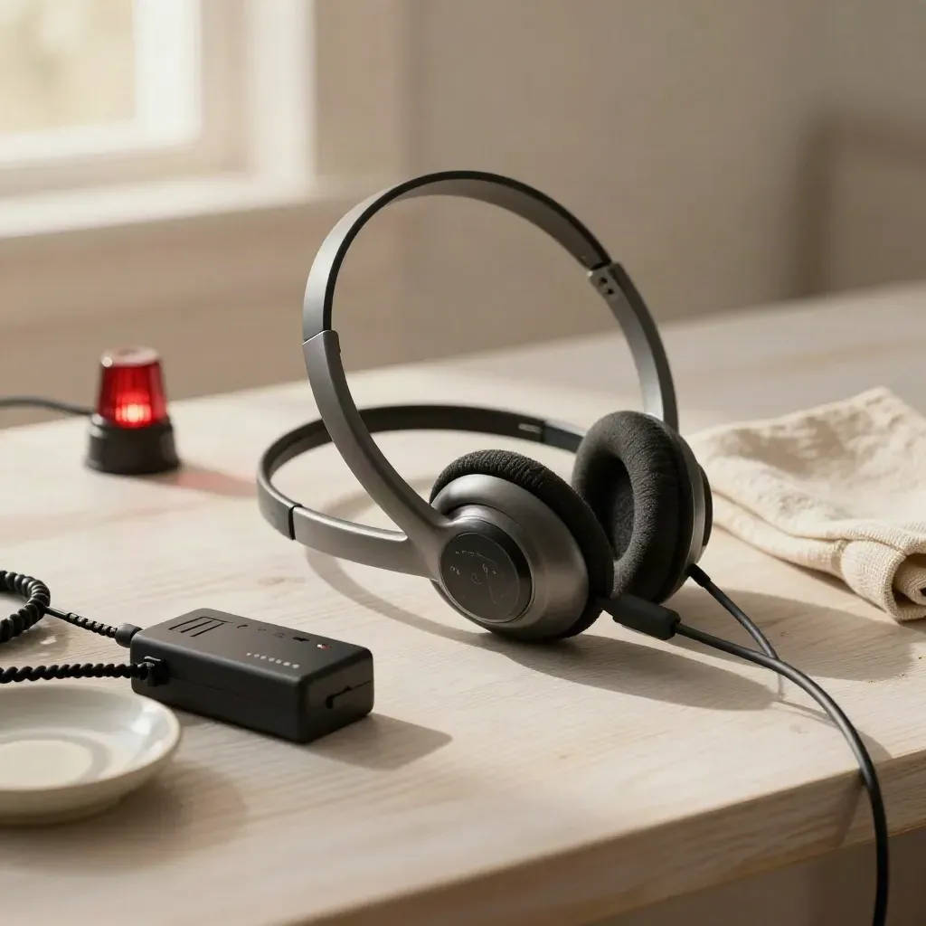 Intercom de plateau avec casque, voyant rouge, câble et linge sur bois clair.