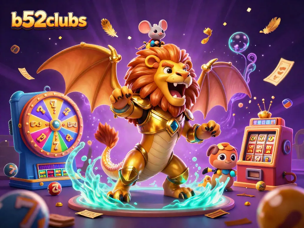 Experience the thrill of b52clubs with a golden chimera and dynamic slot elements in vibrant casino scene.