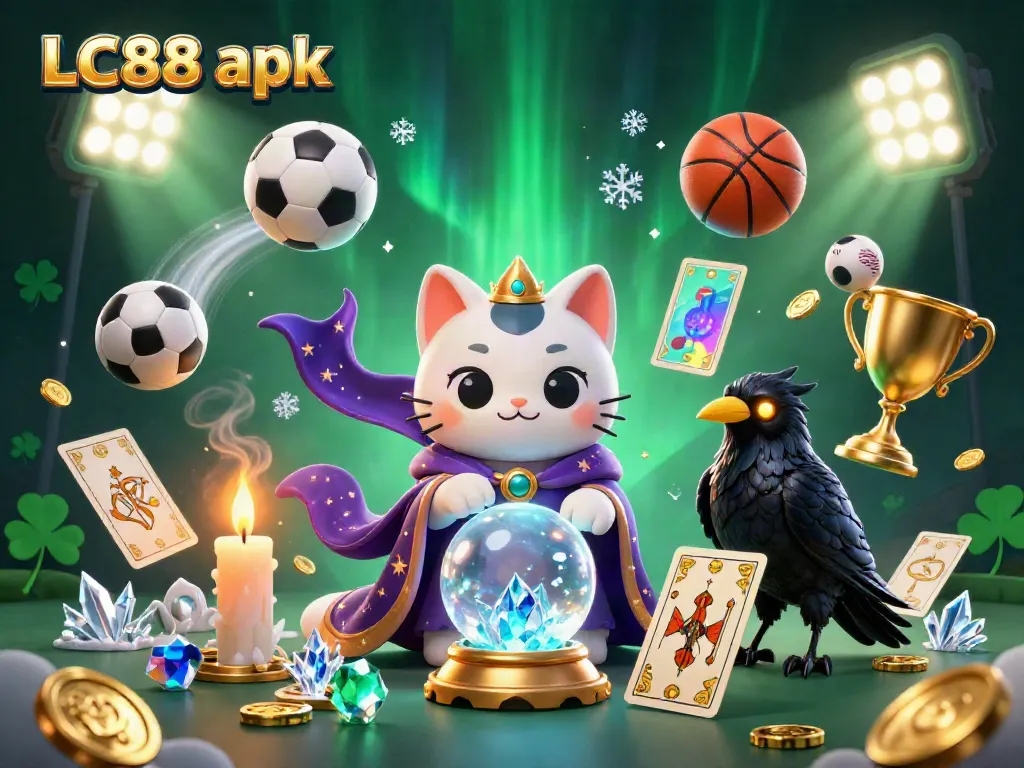 Engage with thrilling LC88 apk adventures through dynamic sports and mystical elements in a vibrant 3D illustration.