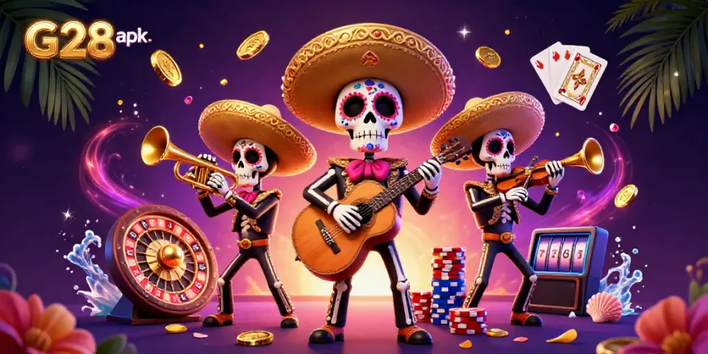 Experience the thrilling G28 apk with a vibrant mariachi band and dynamic casino elements.