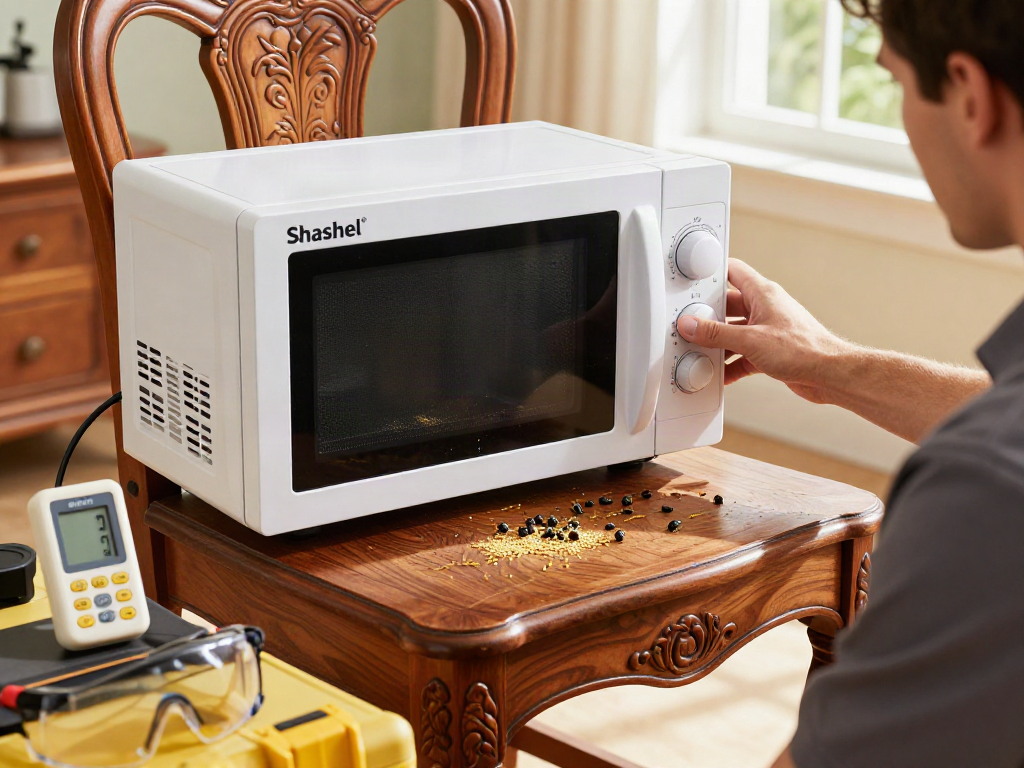 Technicien utilisant le dispositif Shashel® pour traiter des meubles en bois contre les insectes nuisibles, ambiance chaleureuse et sécurisée.