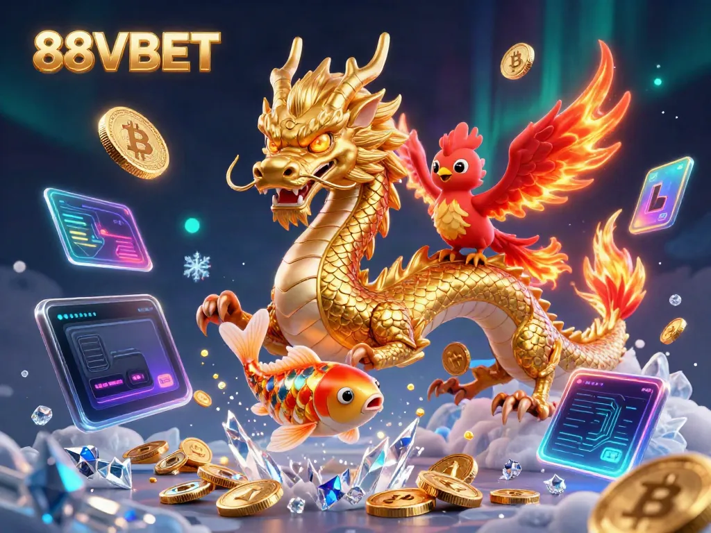 Experience a thrilling 88VBET illustration showcasing a golden dragon, phoenix, and koi with vibrant casino elements.