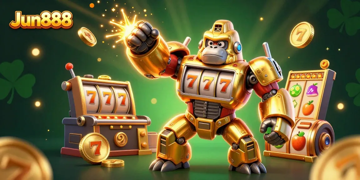 Engage in thrilling play at Jun888 featuring a dynamic golden gorilla mech, slot reels, and explosive wins.