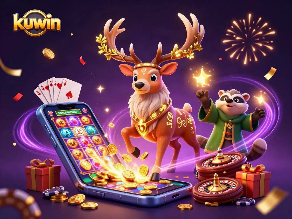 Kuwin offers thrilling gaming with vibrant 3D illustrations featuring a druid stag and dynamic casino elements.
