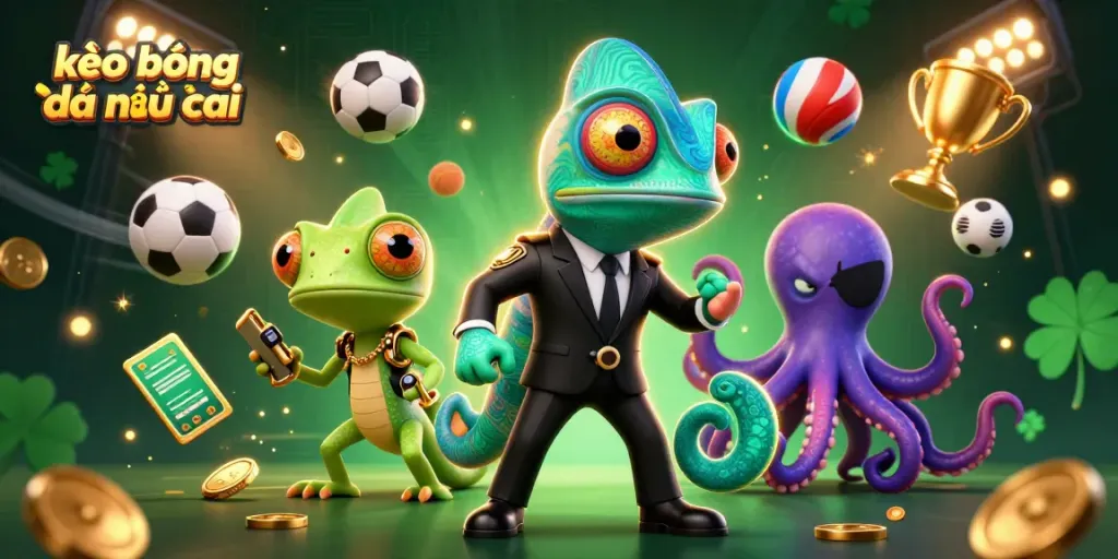 Engage in kèo bóng đá nhà cái with a vibrant illustration featuring a secret agent chameleon and dynamic sports elements.