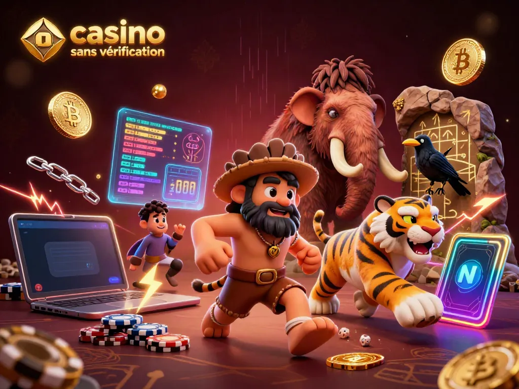 Experience the thrill of a casino sans vérification with a cartoon caveman and sabertooth duo managing a prehistoric gaming hub.