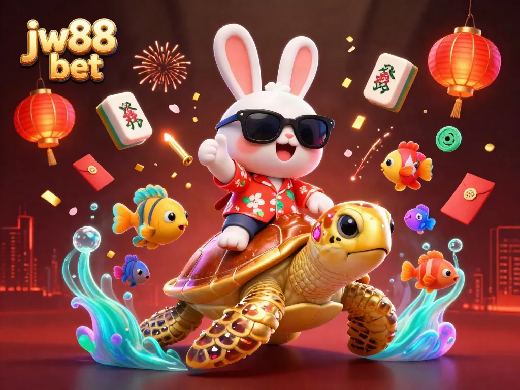 Engaging illustration of jw88 bet with a lucky rabbit and golden turtle in vibrant casino setting.