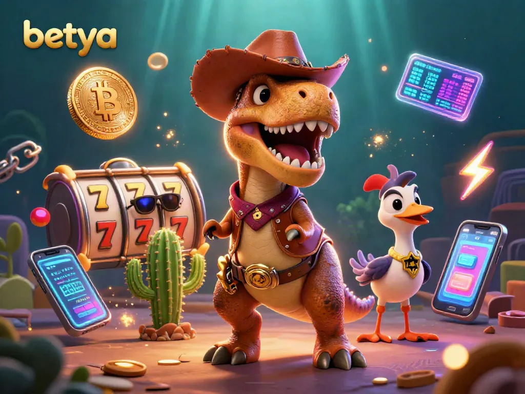 Spin to win at Betya casino with a vibrant 3D cartoon scene featuring slot reels and exciting character action.