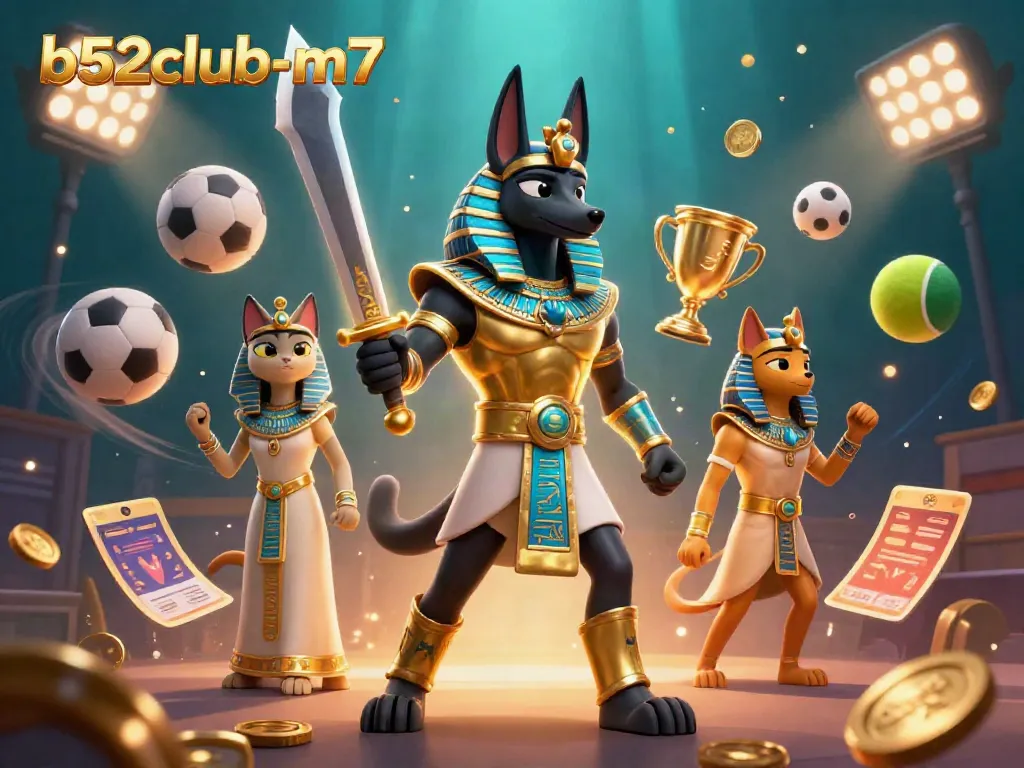 Immerse in the excitement of b52club-m7 with this vibrant 3D gaming scene featuring ancient Egyptian warriors.
