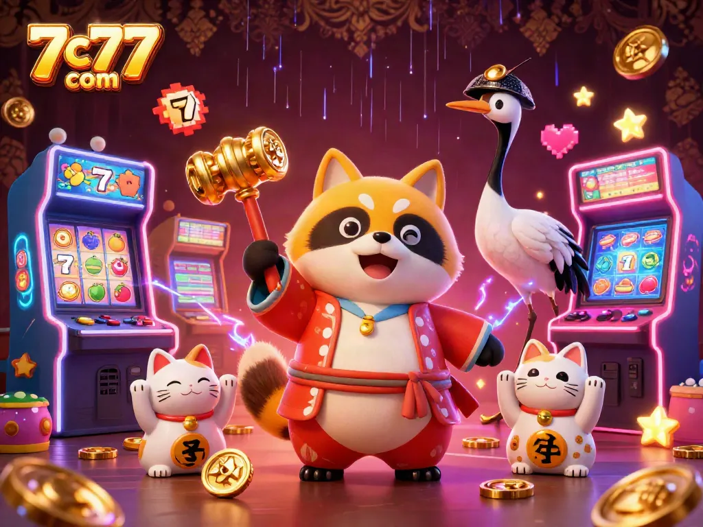 Experience slots excitement at 7c77 com with cheerful tanuki and festive atmosphere.