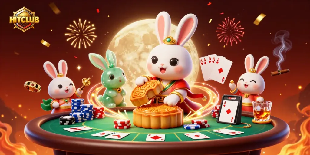 Engage with HITCLUB's vibrant poker scene featuring a moon rabbit and elaborate gaming elements.