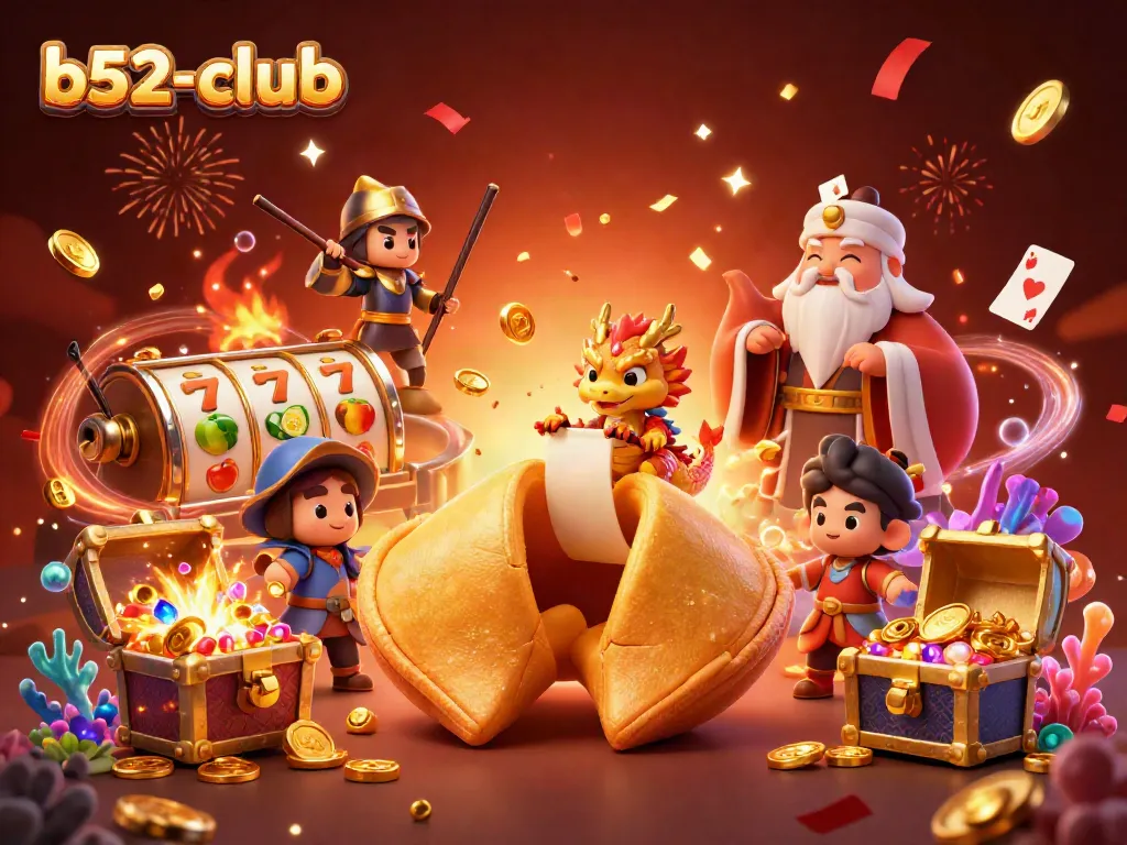 Engage with b52-club at this vibrant 3D casino scene featuring a golden fortune cookie and dynamic slot elements.