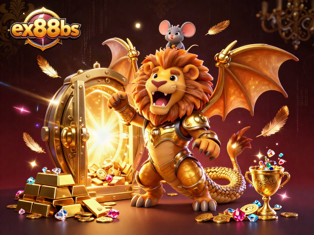 Experience the excitement of ex88bs with a roaring chimera and treasures in a dazzling casino scene.