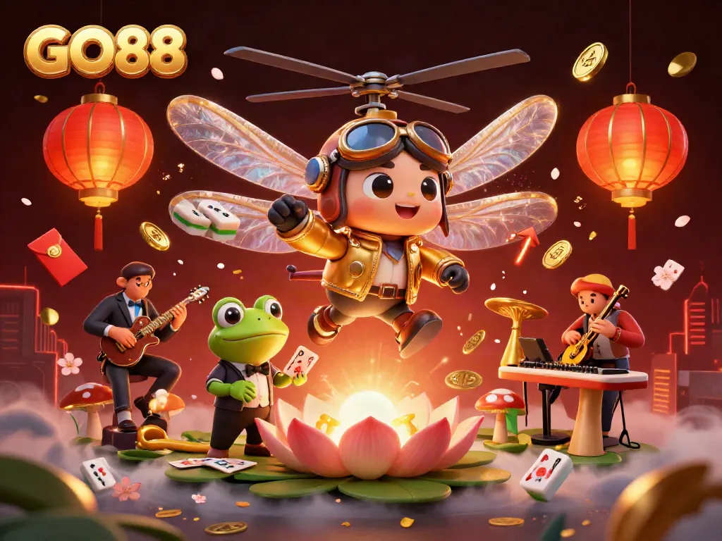 Engage in exciting GO88 casino games with a whimsical dragonfly pilot and jazz-playing frogs.
