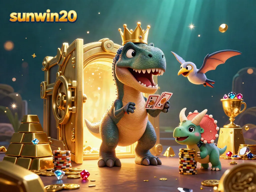 Experience sunwin20's vibrant casino action with 3D dinosaurs stacking chips and shuffling cards.