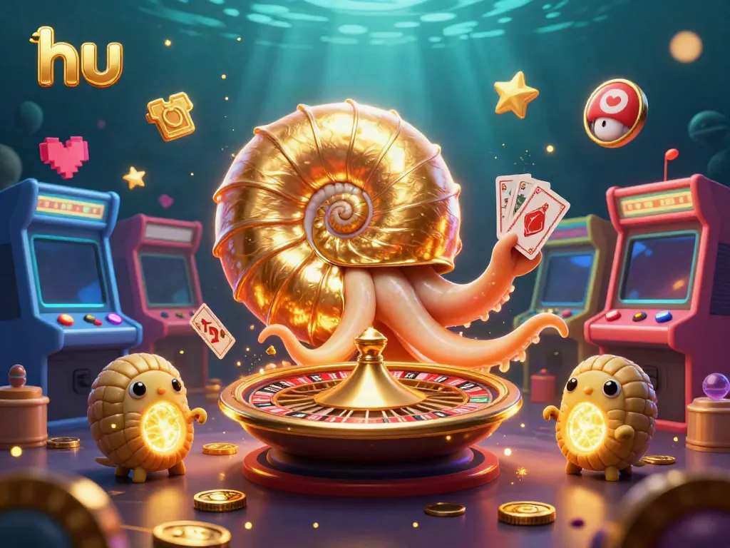 Experience dynamic gaming excitement with hu as the ancient nautilus spins the roulette wheel amidst glowing arcade machines.