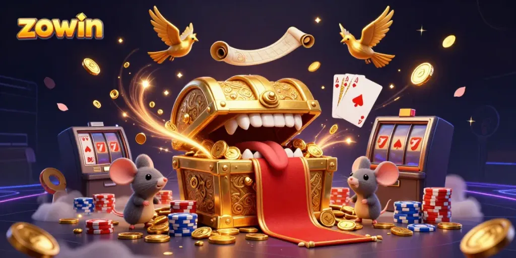Zowin's enchanting online casino, featuring a treasure chest and dynamic casino elements.