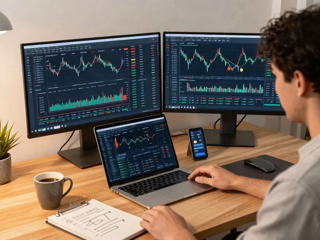 Analyse des données de trading sur essor invexaro dans un bureau moderne avec graphiques et ordinateurs.