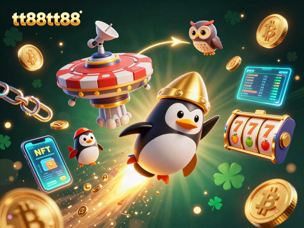 Engage with tt88tt88, a dynamic 3D illustration showcasing a penguin in a casino journey filled with crypto excitement.