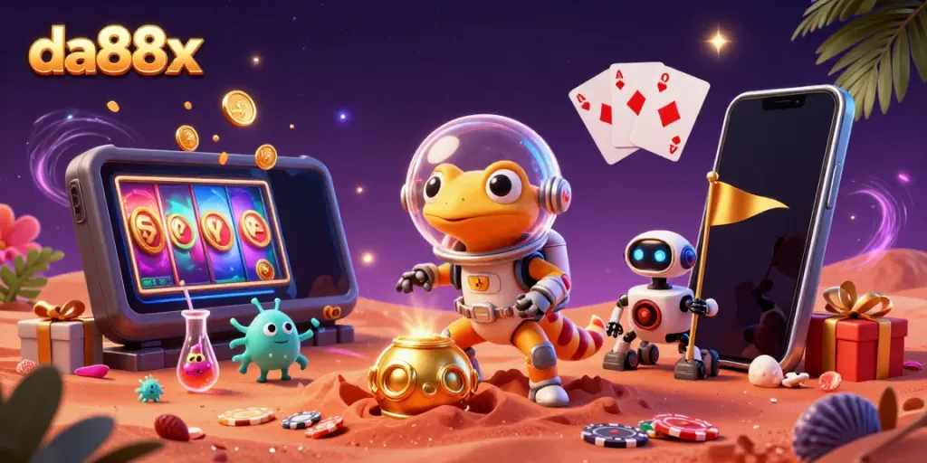 Experience the thrill of winning at da88x with a Martian gecko discovering an alien casino scene.