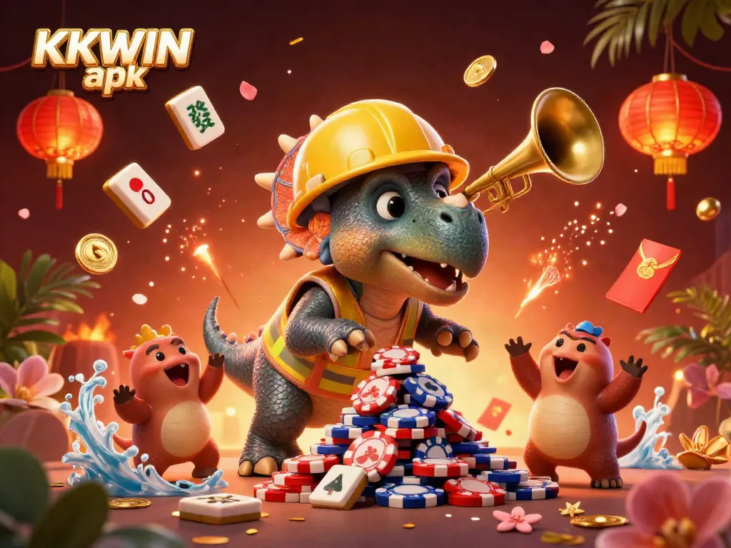 Celebrate winning strategies with KKWIN apk as characters build poker chip pyramids in a vibrant casino