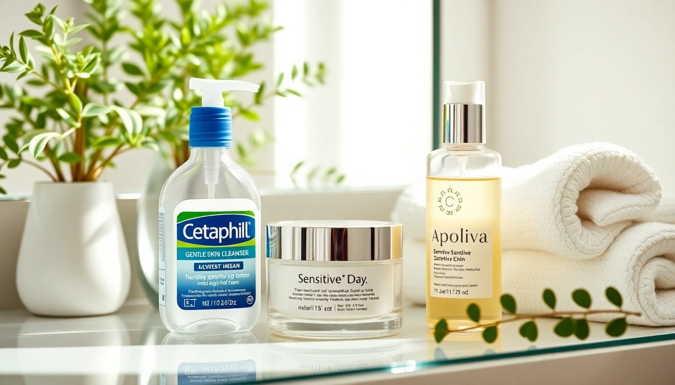 Förbättra din skönhetsrutin med hudvård för känslig hud som visar toppprodukter för känslig hud på ett fridfullt sminkbord.