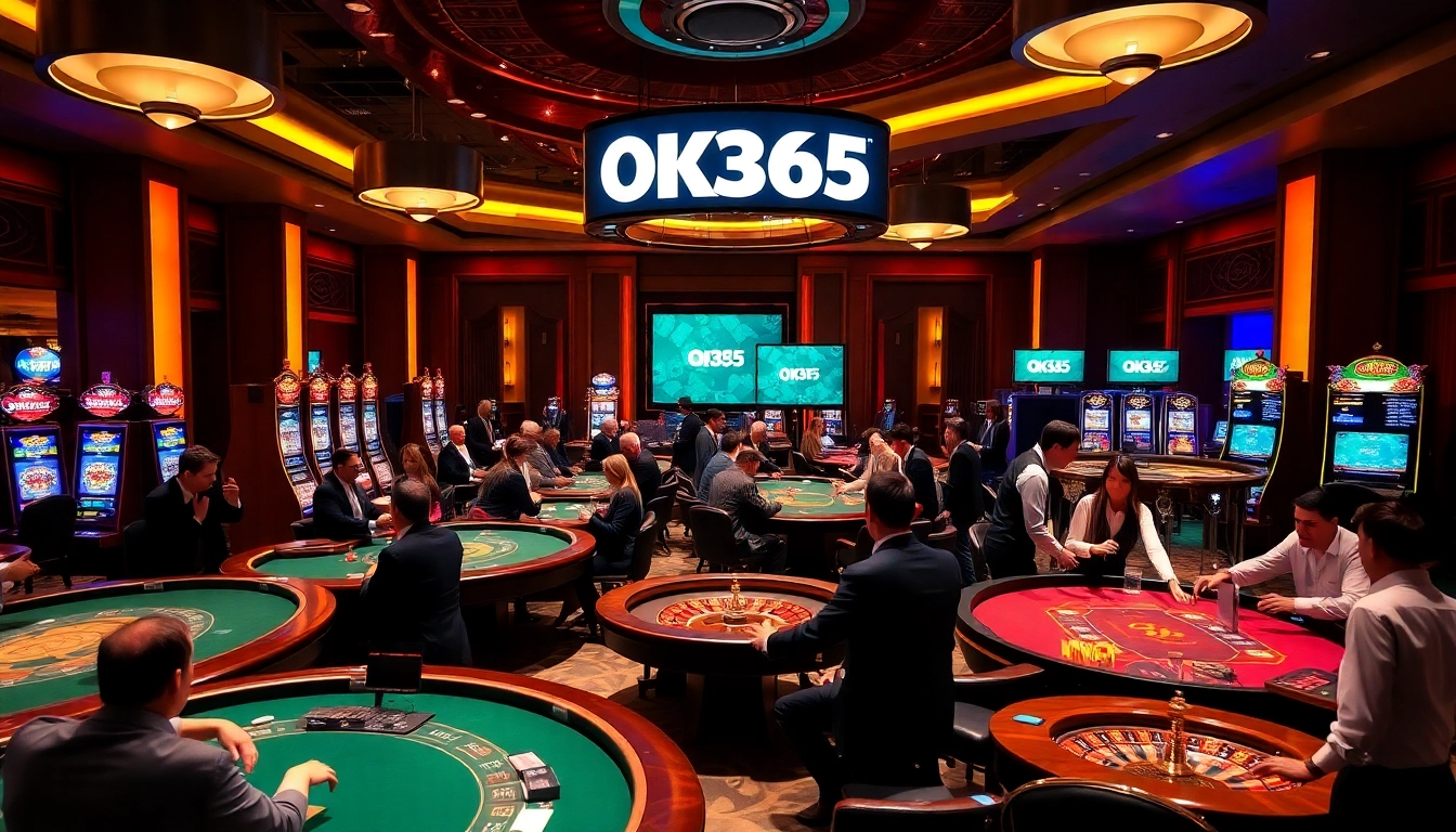 Players in an exciting casino environment enjoying games at OK365 with vibrant tables and slot machines.