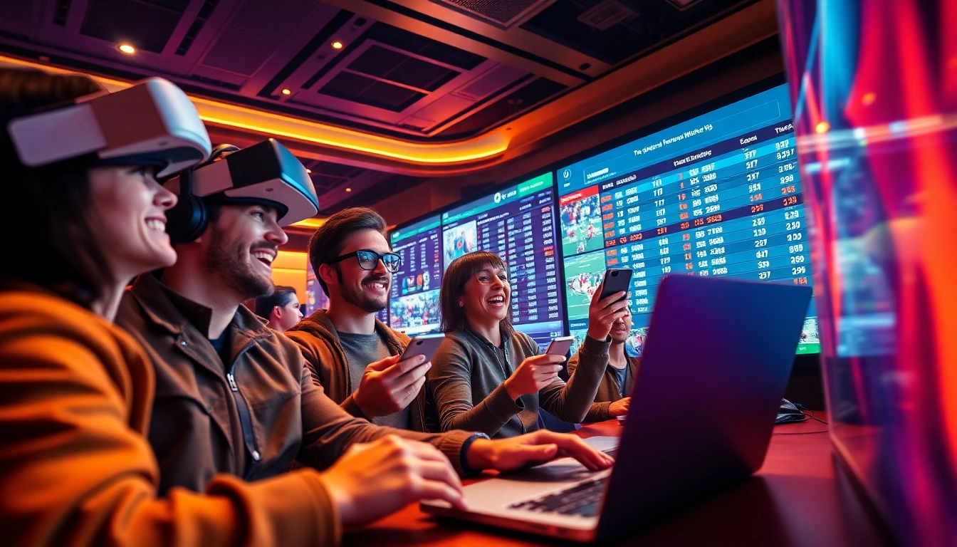 Engaging scene of online betting with players at https://fly88.deal/ using modern technology and vibrant sportsbook displays.